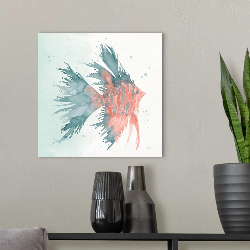 A modern room featuring Watercolor painting of a tropical fish in blue and coral hues on a square background.