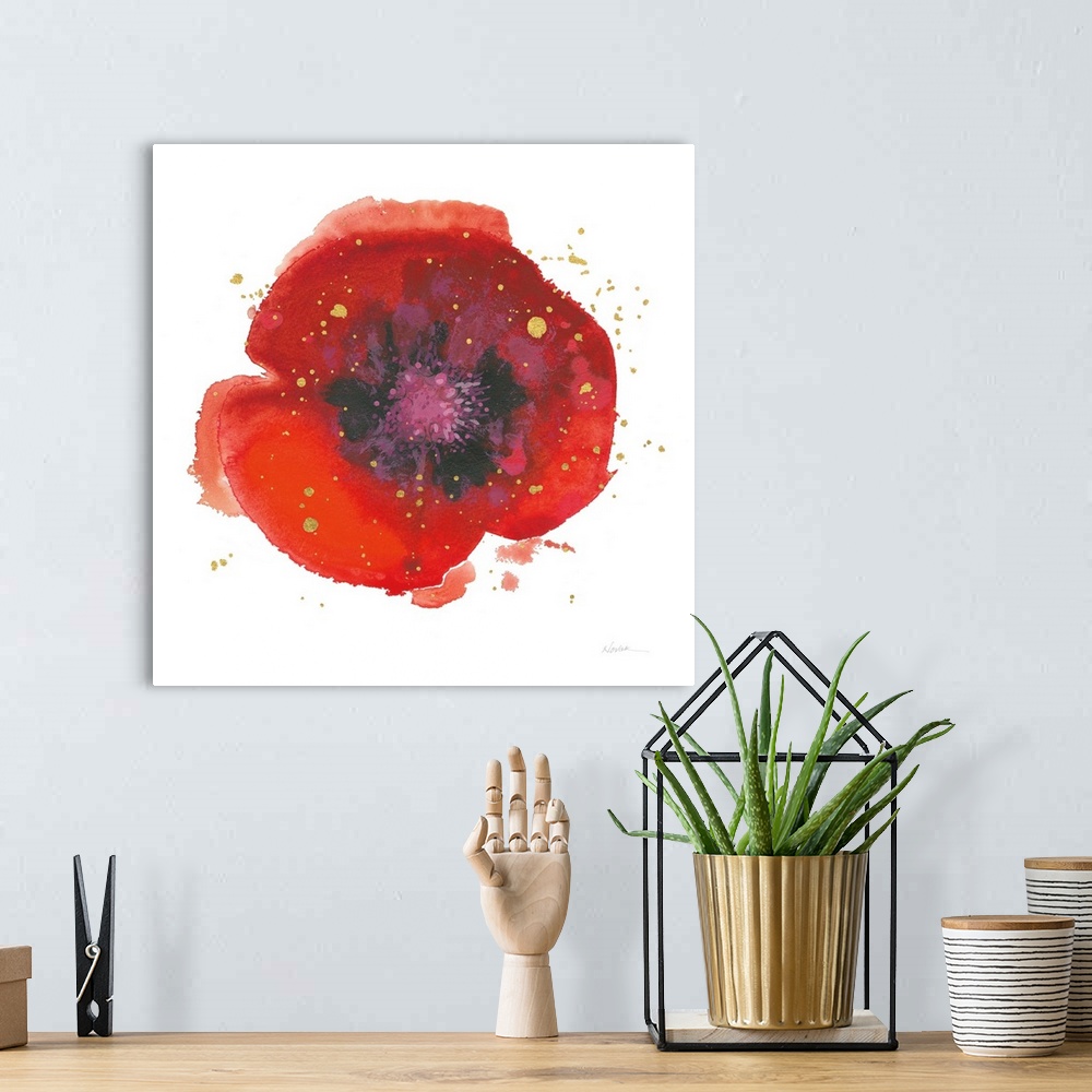 A bohemian room featuring Square watercolor painting of a red poppy flower with a purple and black center and sparkly gold ...
