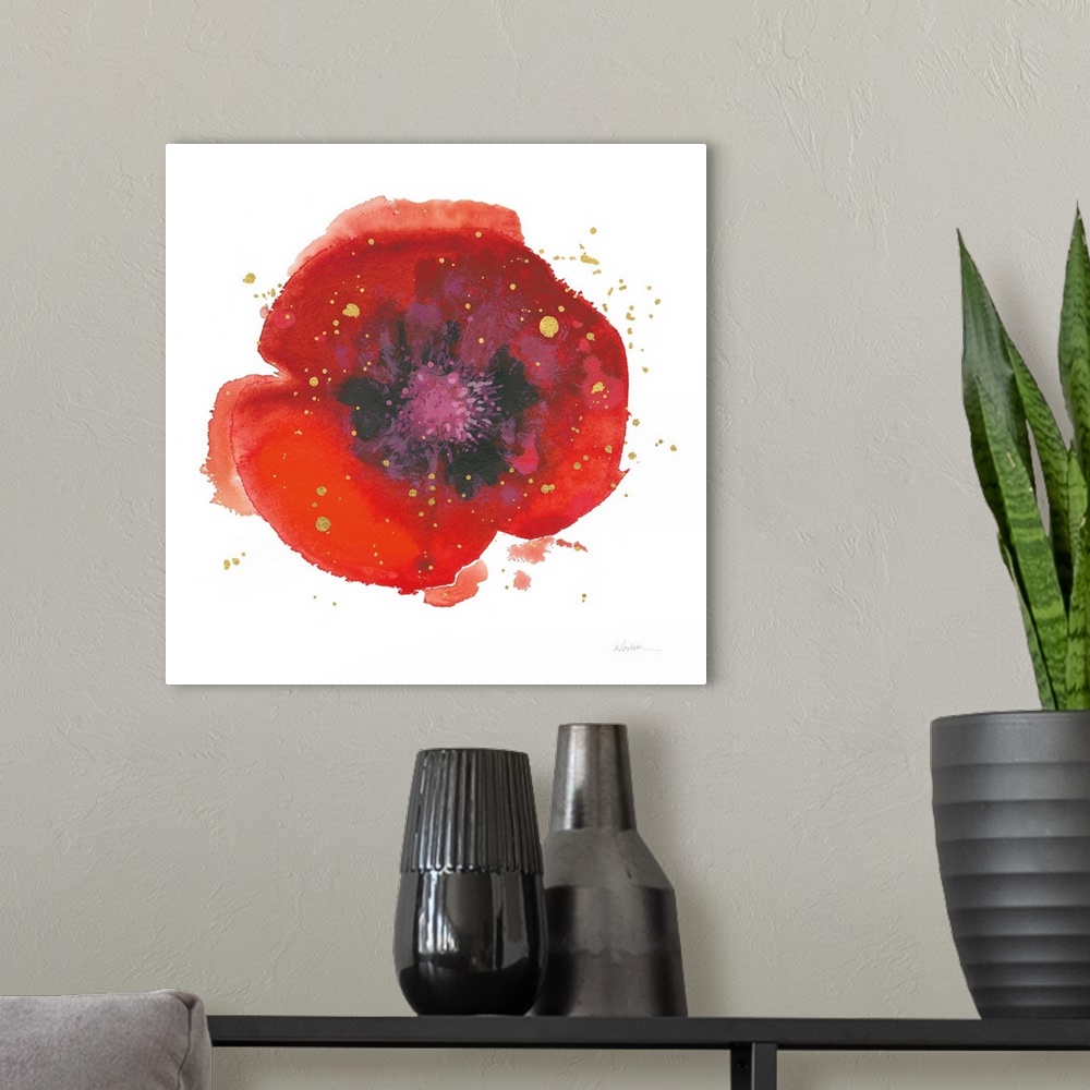 A modern room featuring Square watercolor painting of a red poppy flower with a purple and black center and sparkly gold ...