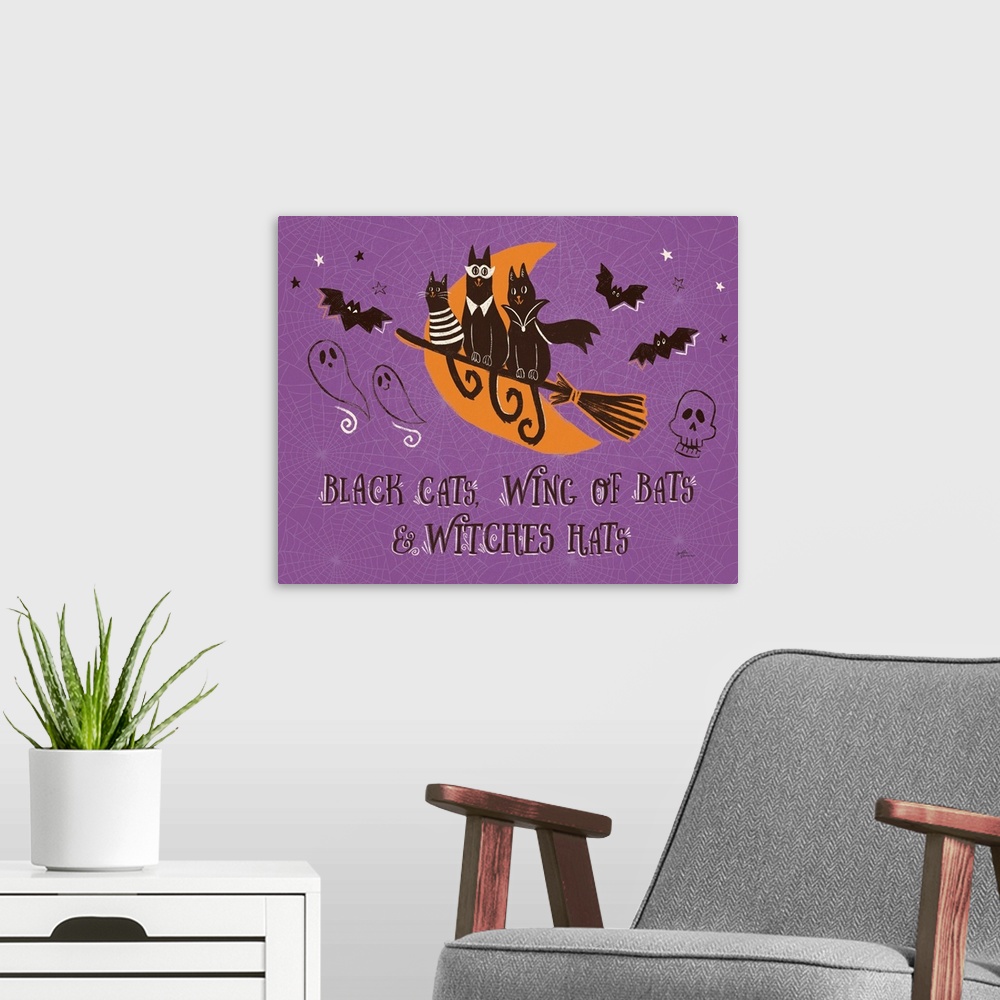 A modern room featuring Spooktacular I Black Cats Purple
