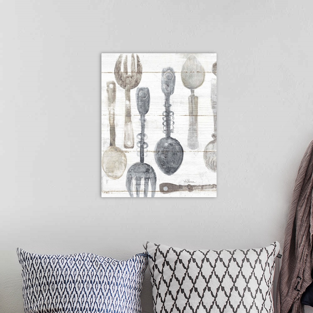 A bohemian room featuring Decorative artwork featuring watercolor cutlery against white shiplap.