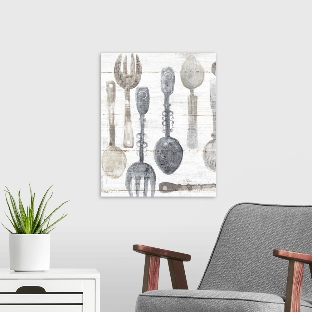 A modern room featuring Decorative artwork featuring watercolor cutlery against white shiplap.
