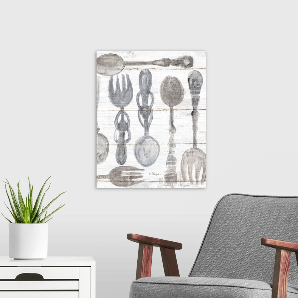 A modern room featuring Decorative artwork featuring watercolor cutlery against white shiplap.