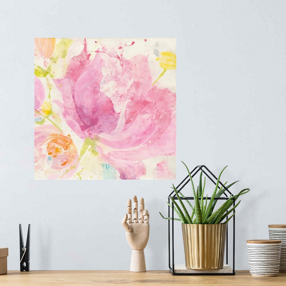 A bohemian room featuring Square abstract painting of colorful Spring flowers on a white background.