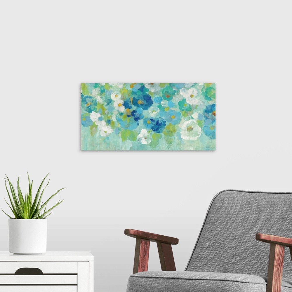 A modern room featuring Contemporary painting of blue, green and white flowers against a bright green background.