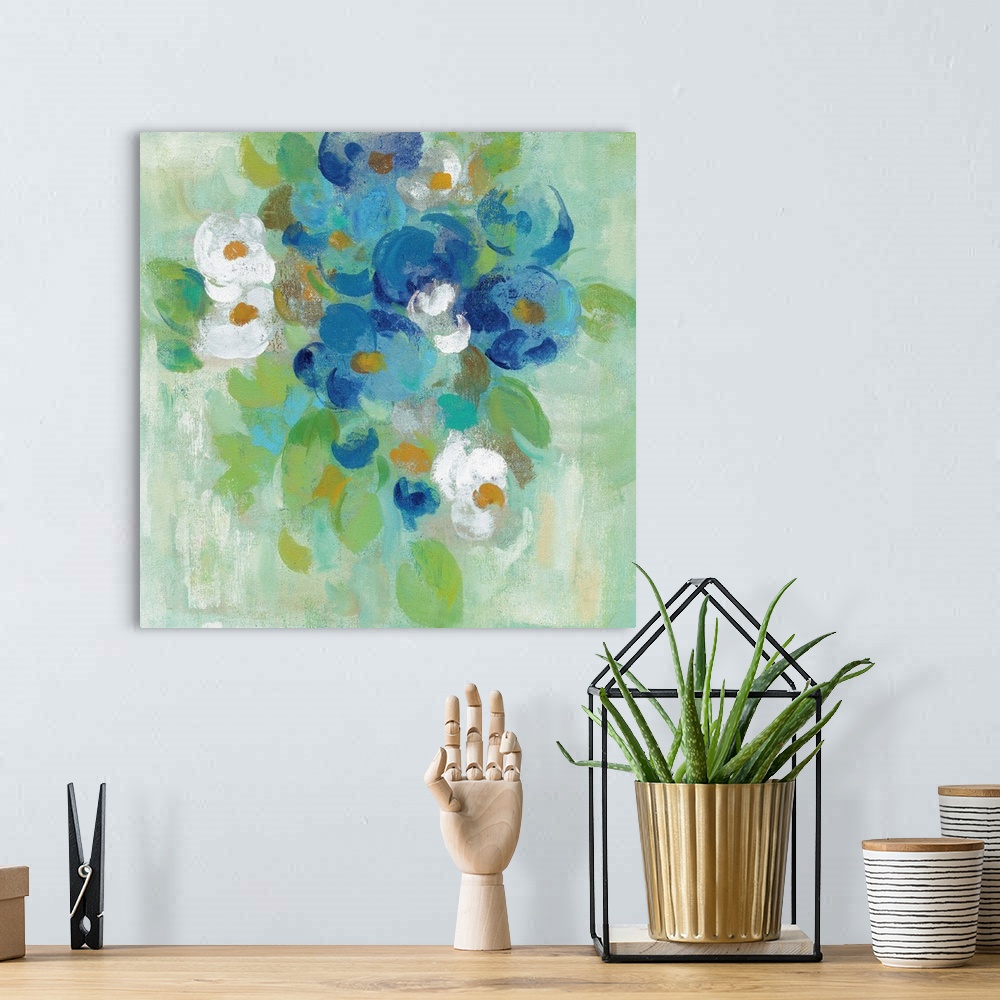 A bohemian room featuring Contemporary painting of blue, green and white flowers against a bright green background.