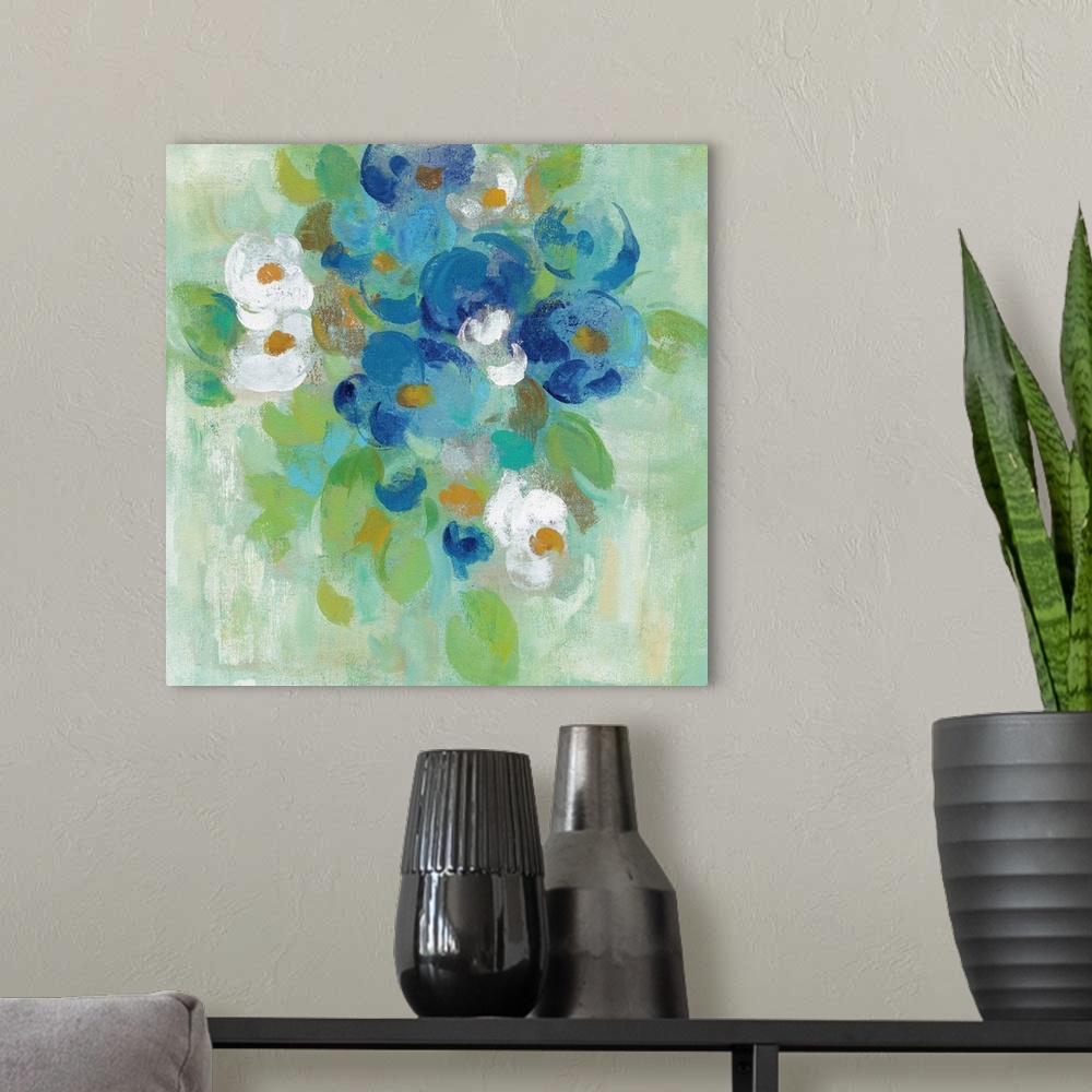 A modern room featuring Contemporary painting of blue, green and white flowers against a bright green background.