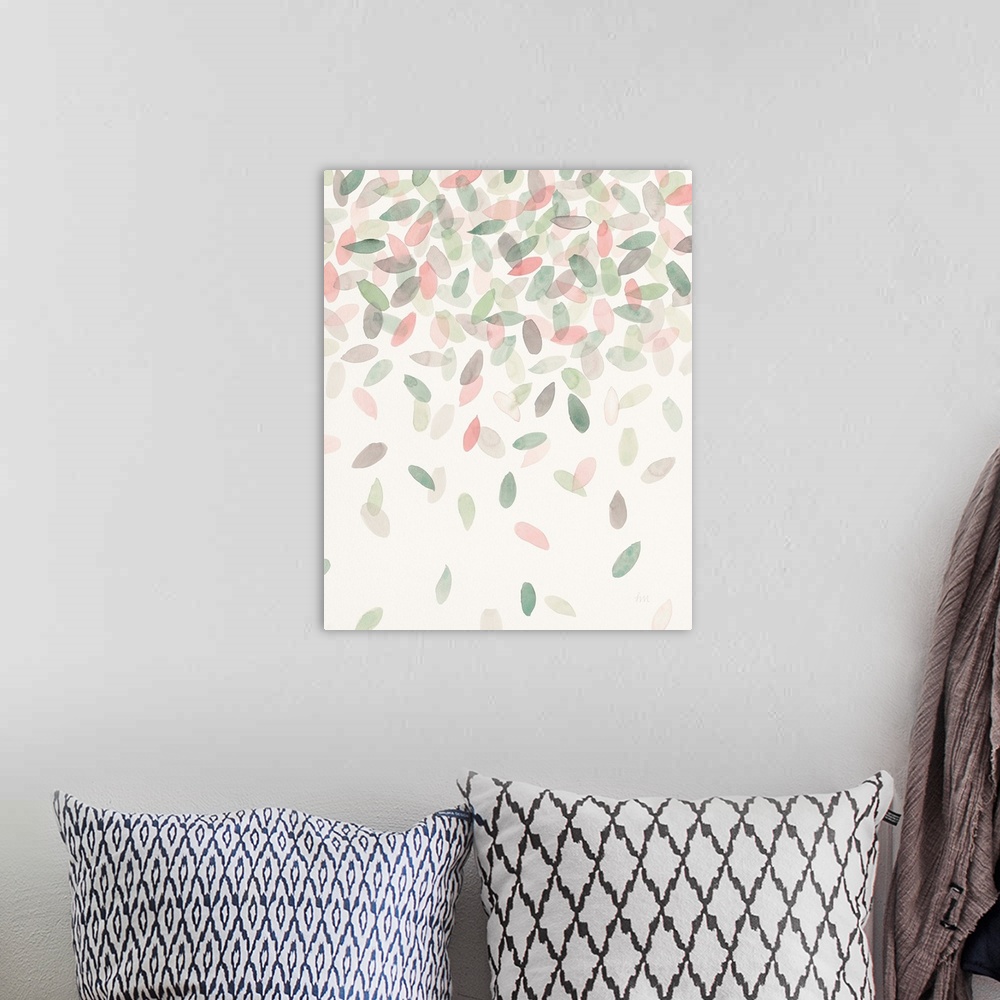 A bohemian room featuring Watercolor painting of green, gray, and pink leaves falling from the top to the bottom of the can...
