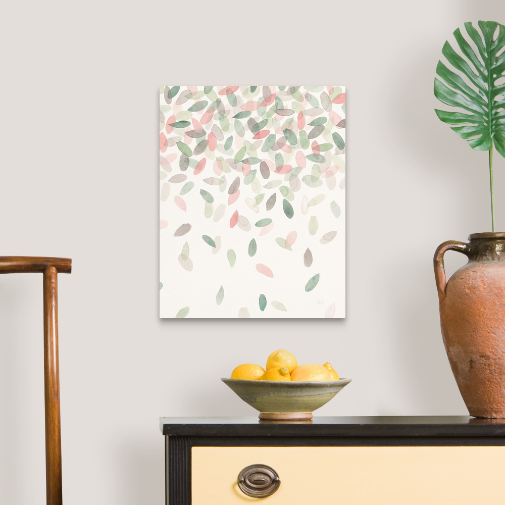 A traditional room featuring Watercolor painting of green, gray, and pink leaves falling from the top to the bottom of the can...