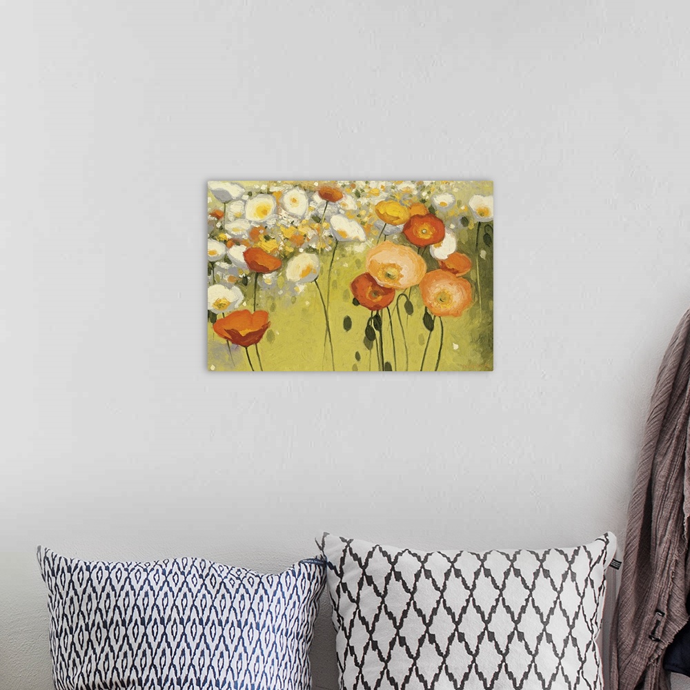 A bohemian room featuring Painting of a field of flowers in a mix of cool and warm tones.
