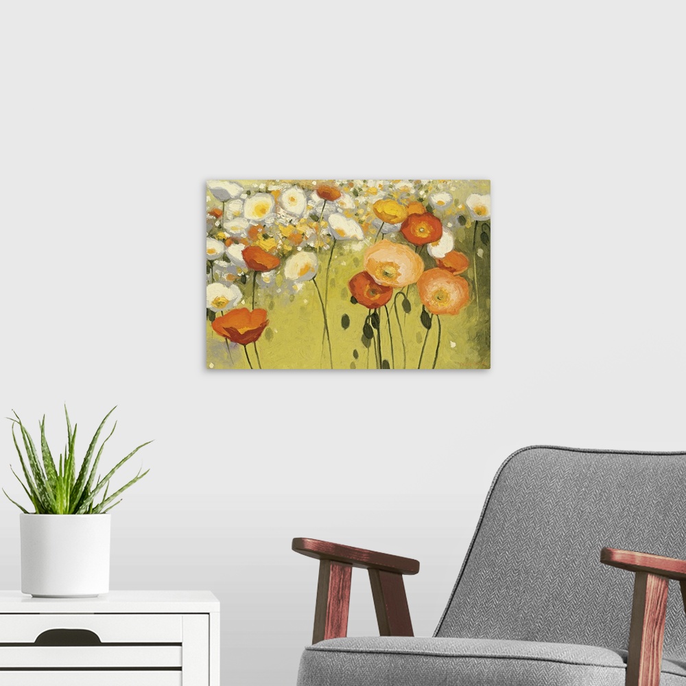 A modern room featuring Painting of a field of flowers in a mix of cool and warm tones.