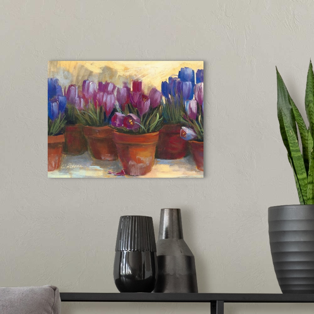 A modern room featuring Contemporary painting of potted flowers.