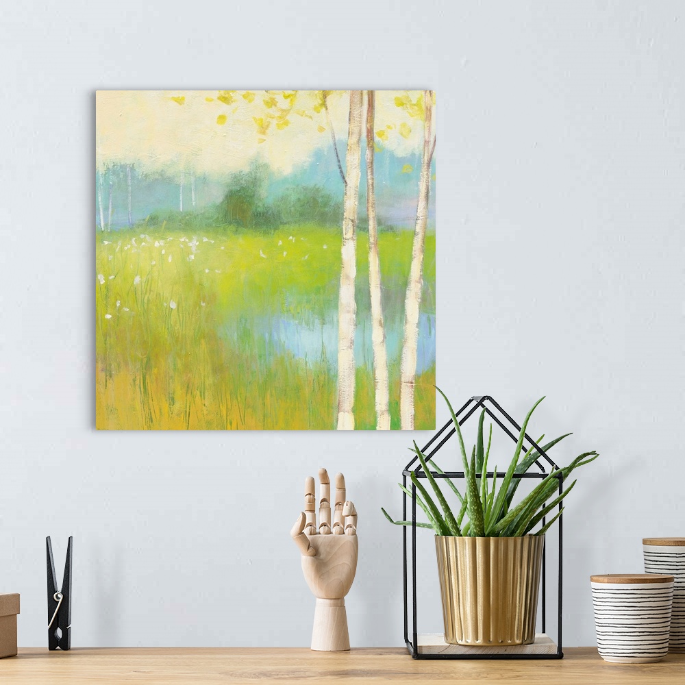 A bohemian room featuring Contemporary painting of a countryside scene in spring.