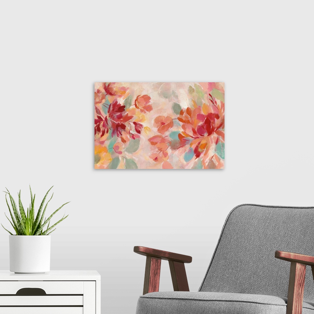 A modern room featuring Abstract painting of pink and red flowers with hints of warm orange, blue, green, and yellow hues.