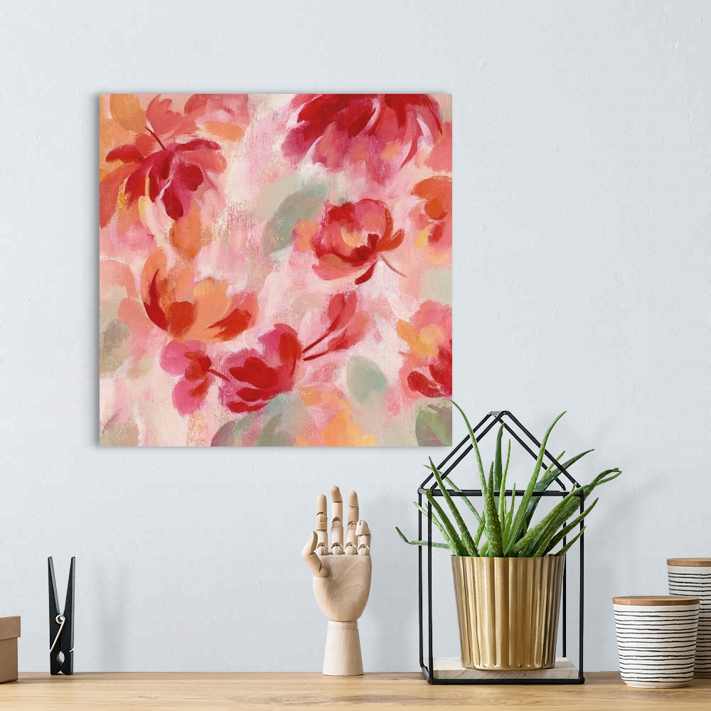 A bohemian room featuring Warm square abstract floral painting.