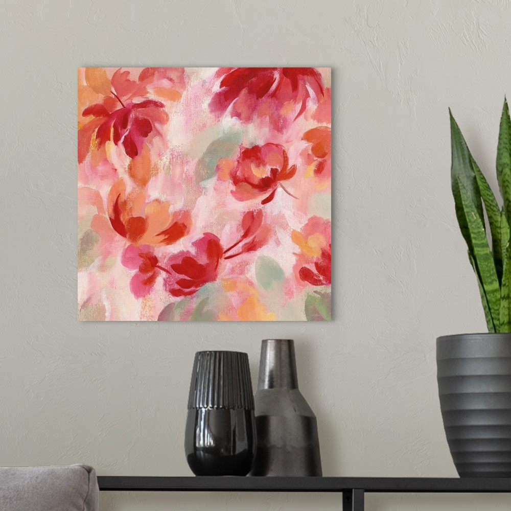 A modern room featuring Warm square abstract floral painting.