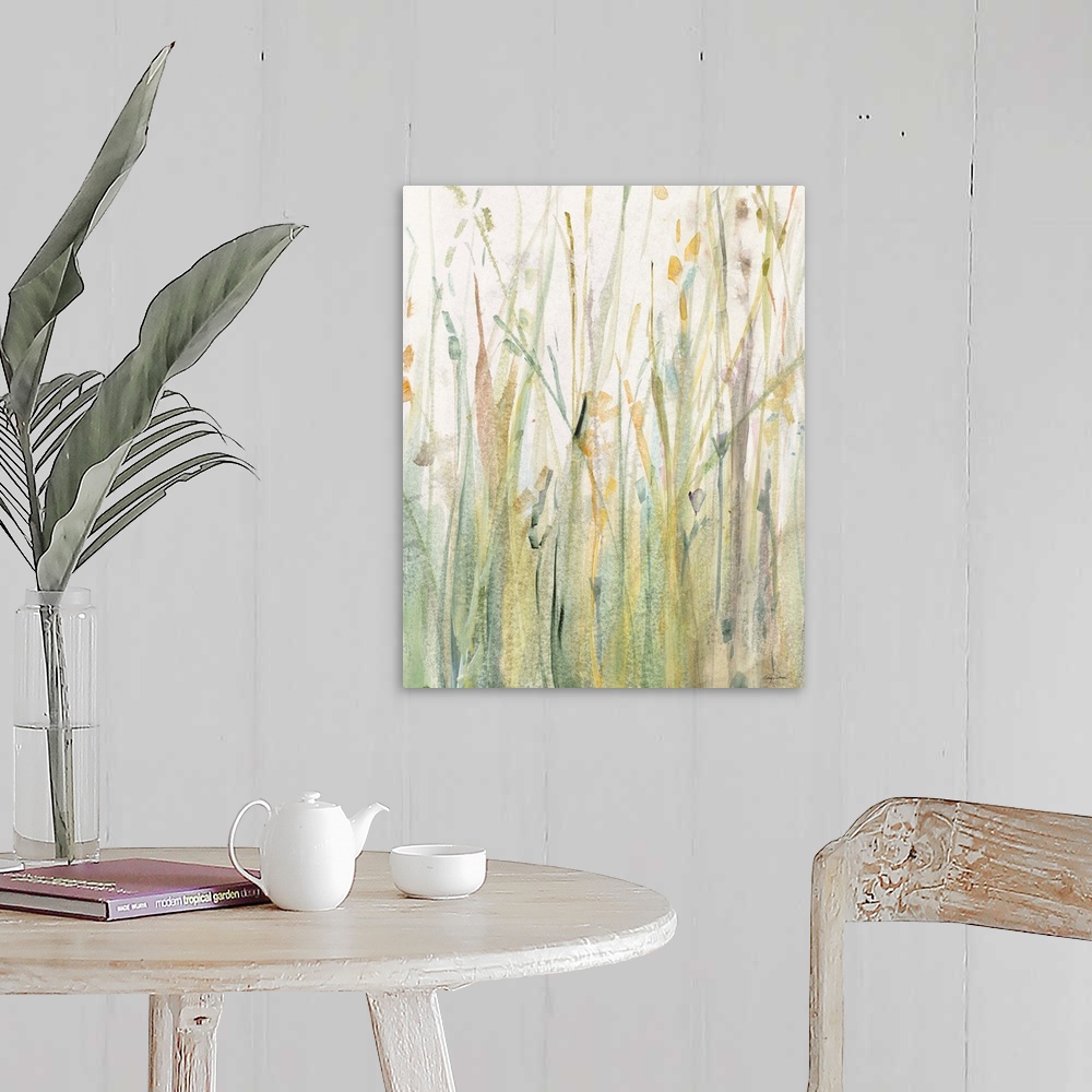 A farmhouse room featuring Large watercolor painting of tall, Spring grass in shades of green, yellow, and blue.