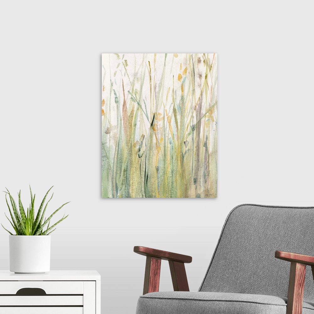 A modern room featuring Large watercolor painting of tall, Spring grass in shades of green, yellow, and blue.