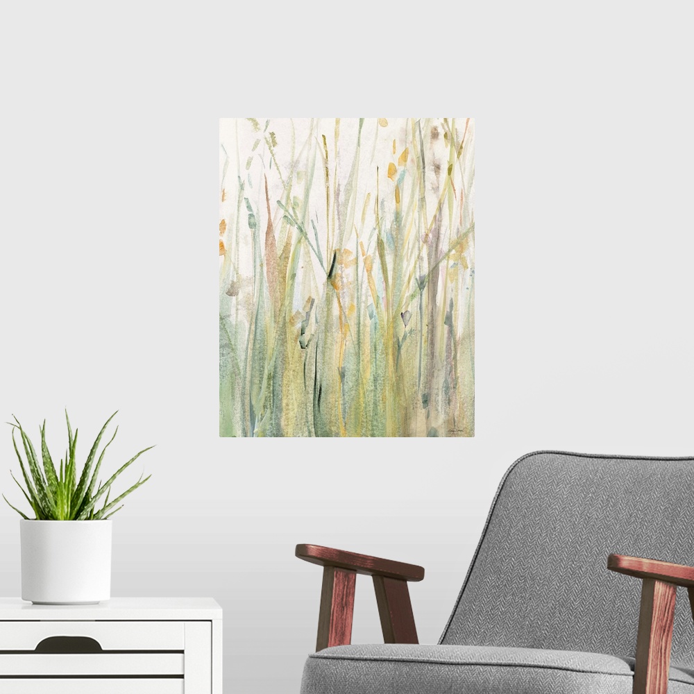 A modern room featuring Large watercolor painting of tall, Spring grass in shades of green, yellow, and blue.