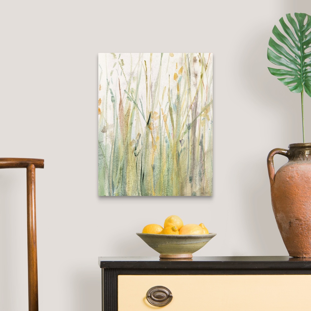 A traditional room featuring Large watercolor painting of tall, Spring grass in shades of green, yellow, and blue.