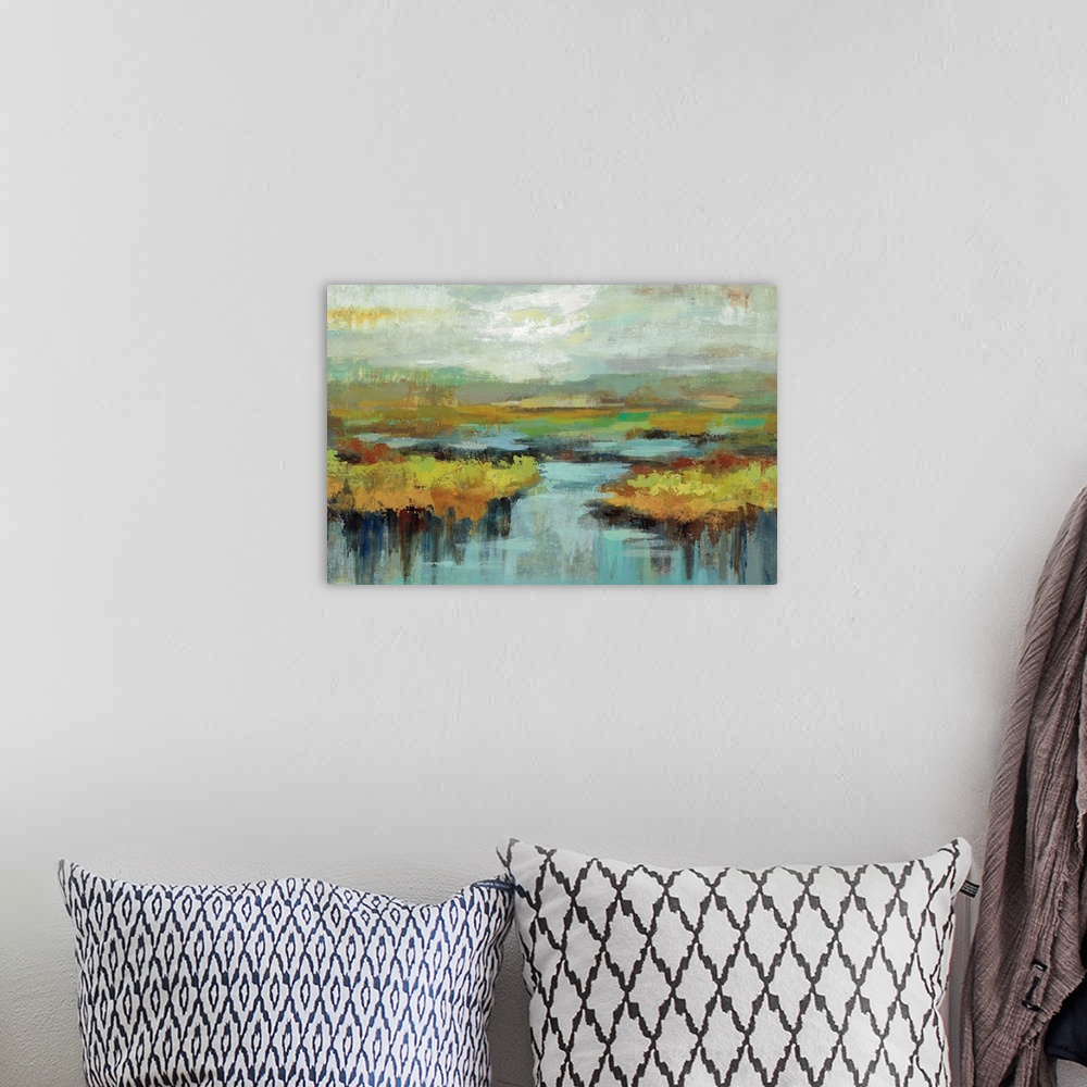 A bohemian room featuring Contemporary painting of a marshland in a dreary atmosphere.