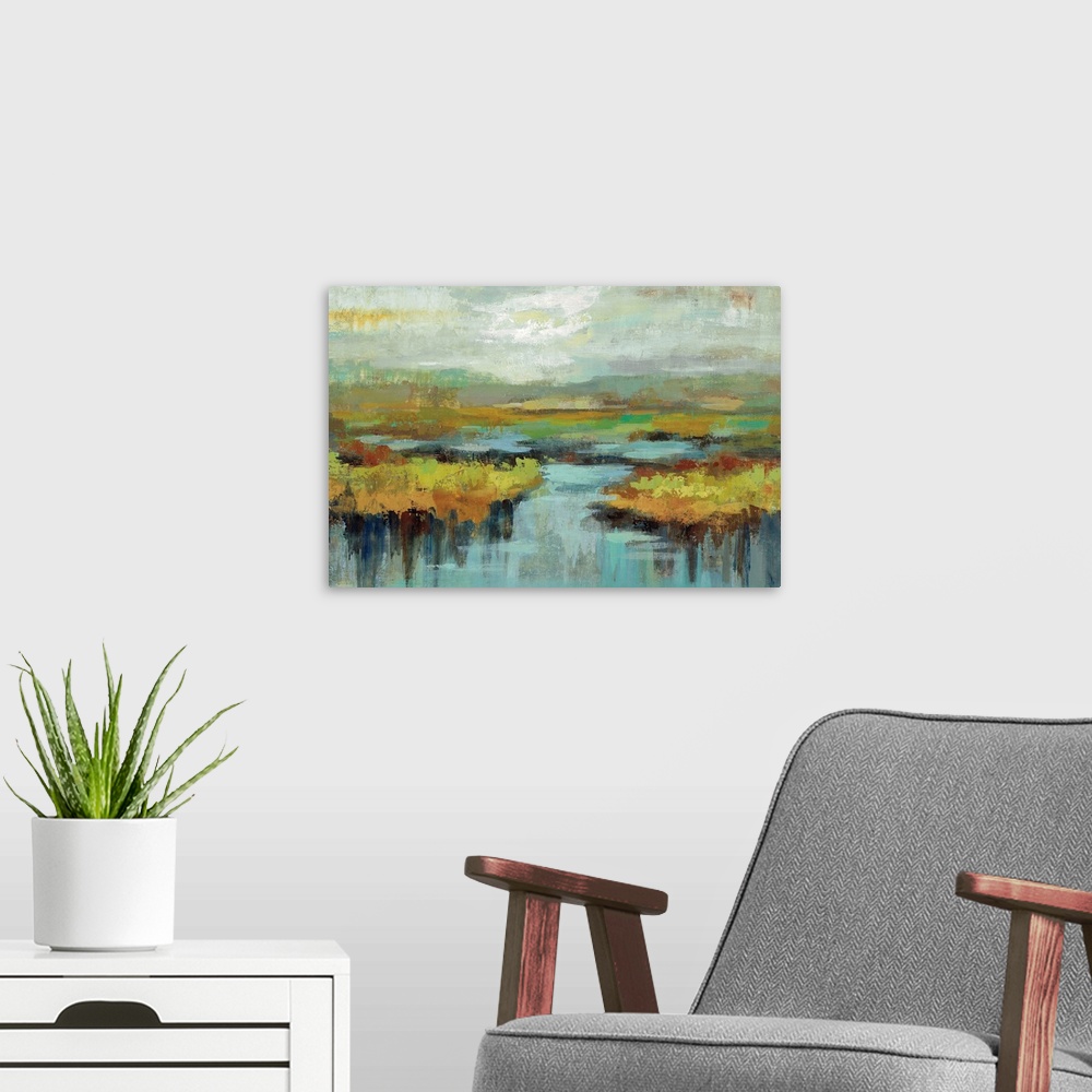 A modern room featuring Contemporary painting of a marshland in a dreary atmosphere.