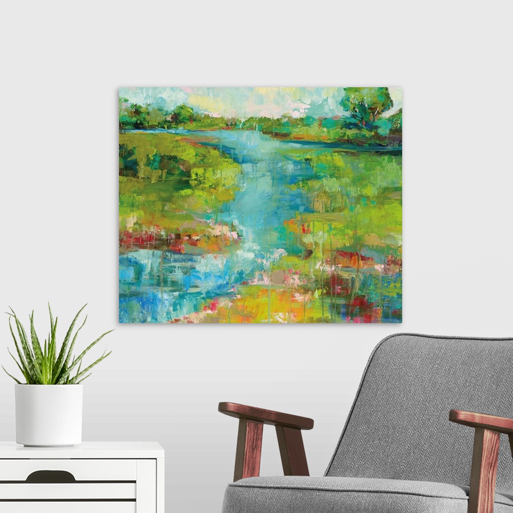 A modern room featuring Contemporary painting of a river running through a landscape.