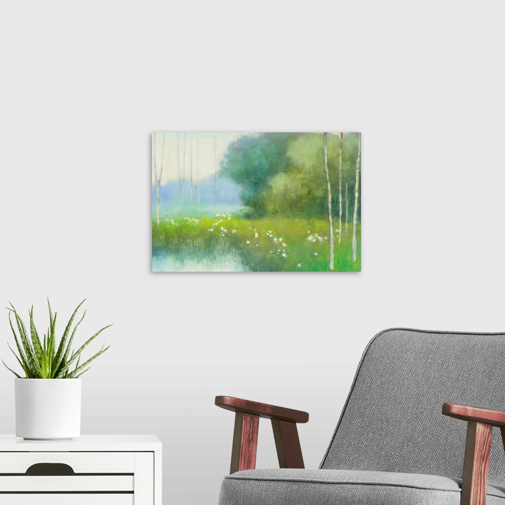 A modern room featuring Contemporary painting of a countryside scene in spring.