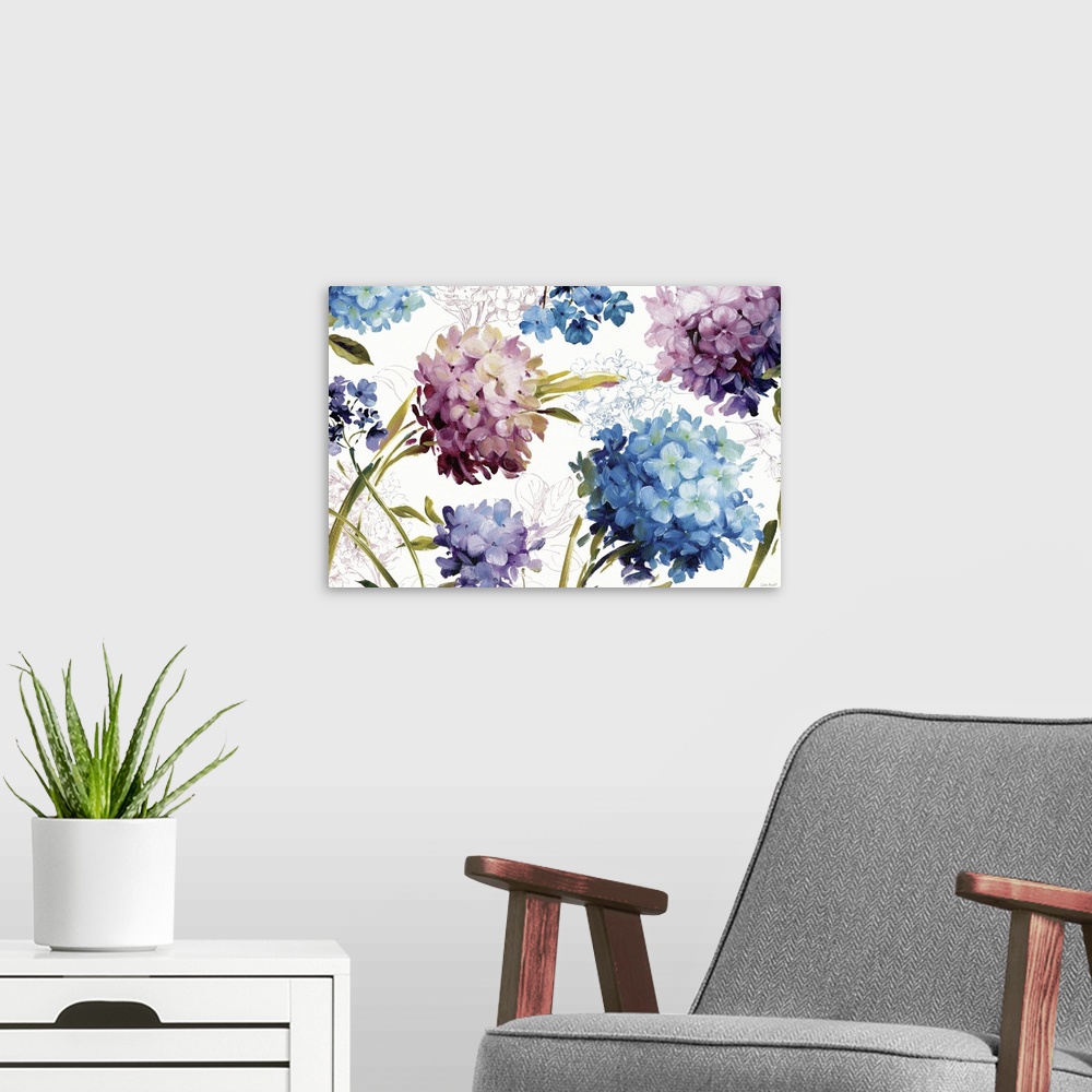 A modern room featuring Landscape floral painting of many bunches of blooms in several colors with curving stems and leav...
