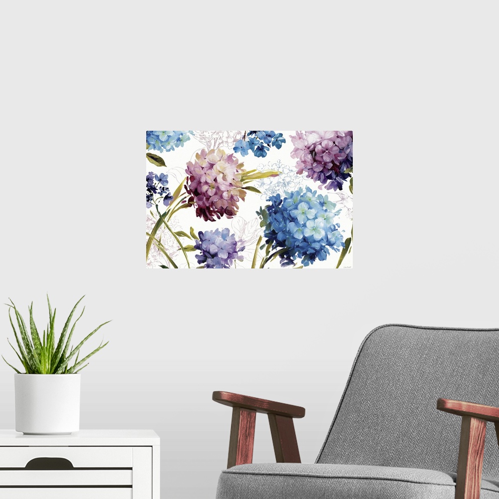 A modern room featuring Landscape floral painting of many bunches of blooms in several colors with curving stems and leav...