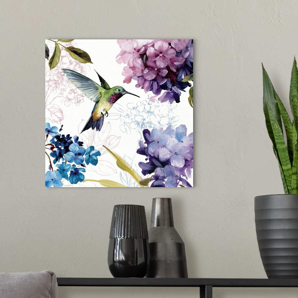 A modern room featuring Home docor painting of a hummingbird in flight surrounded by hydrangea flower blooms.
