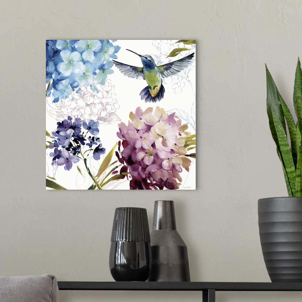 A modern room featuring Square painting on a large wall hanging of several colorful, small bunches of flowers, a hummingb...