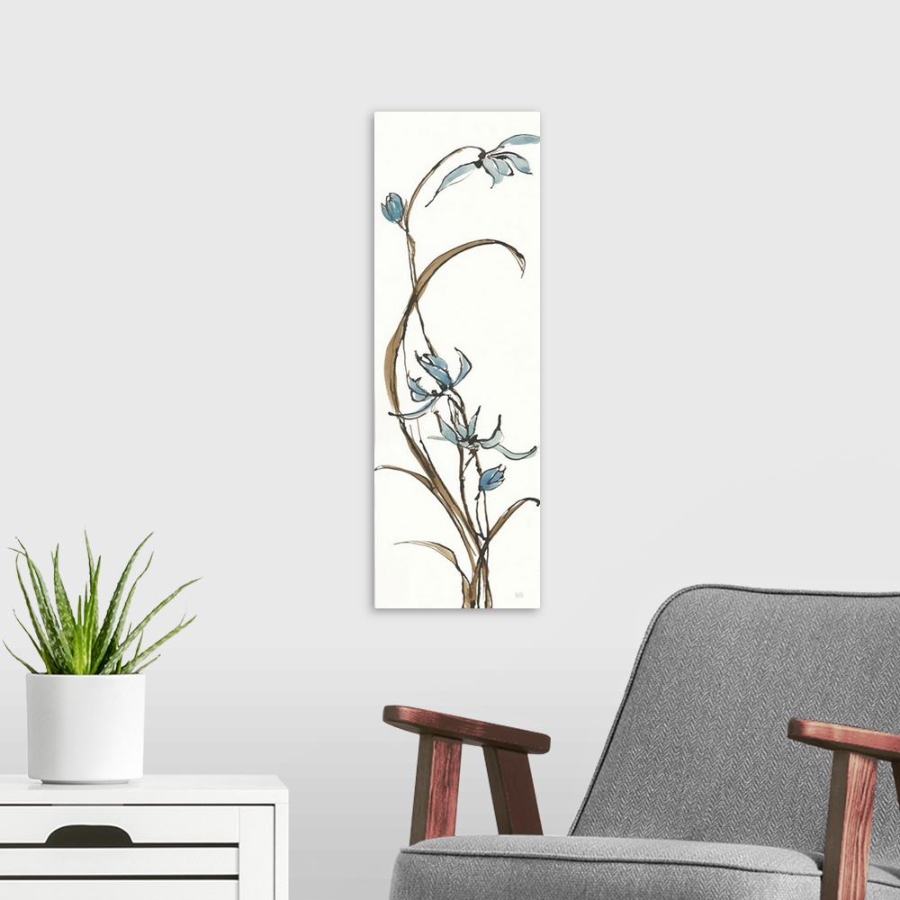 A modern room featuring Tall, rectangular watercolor painting of orchids in tan and blue on a solid white background.