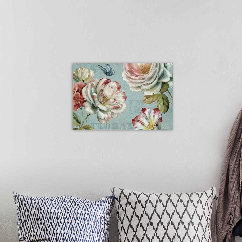 A bohemian room featuring Horizontal painting on canvas of flowers with a butterfly fluttering above them and text layered ...