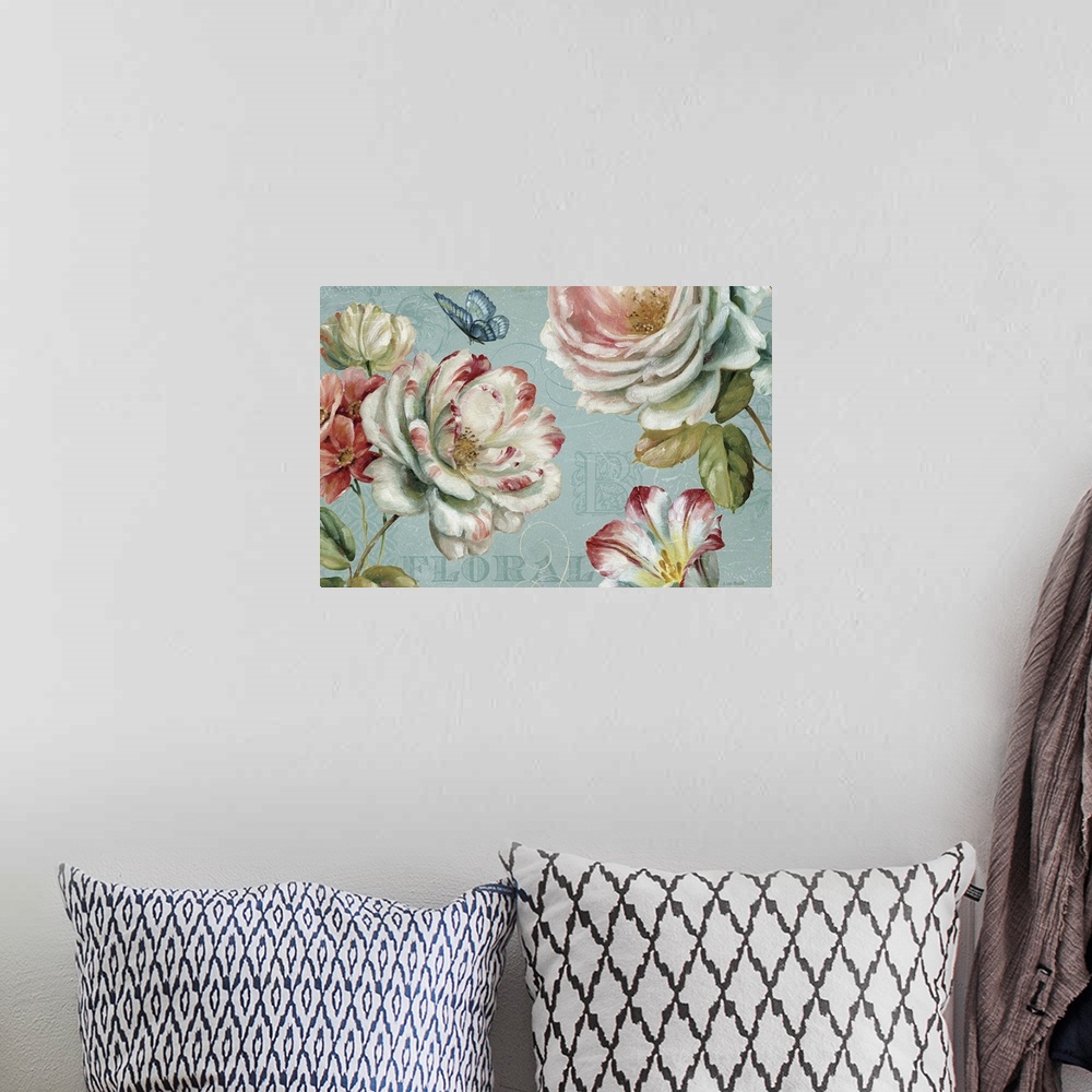 A bohemian room featuring Horizontal painting on canvas of flowers with a butterfly fluttering above them and text layered ...