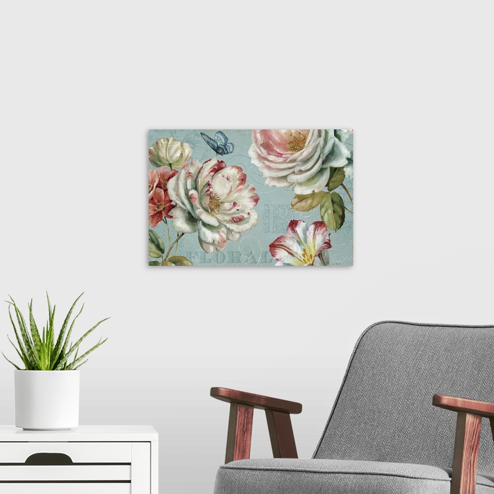 A modern room featuring Horizontal painting on canvas of flowers with a butterfly fluttering above them and text layered ...