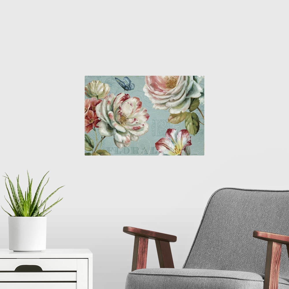 A modern room featuring Horizontal painting on canvas of flowers with a butterfly fluttering above them and text layered ...