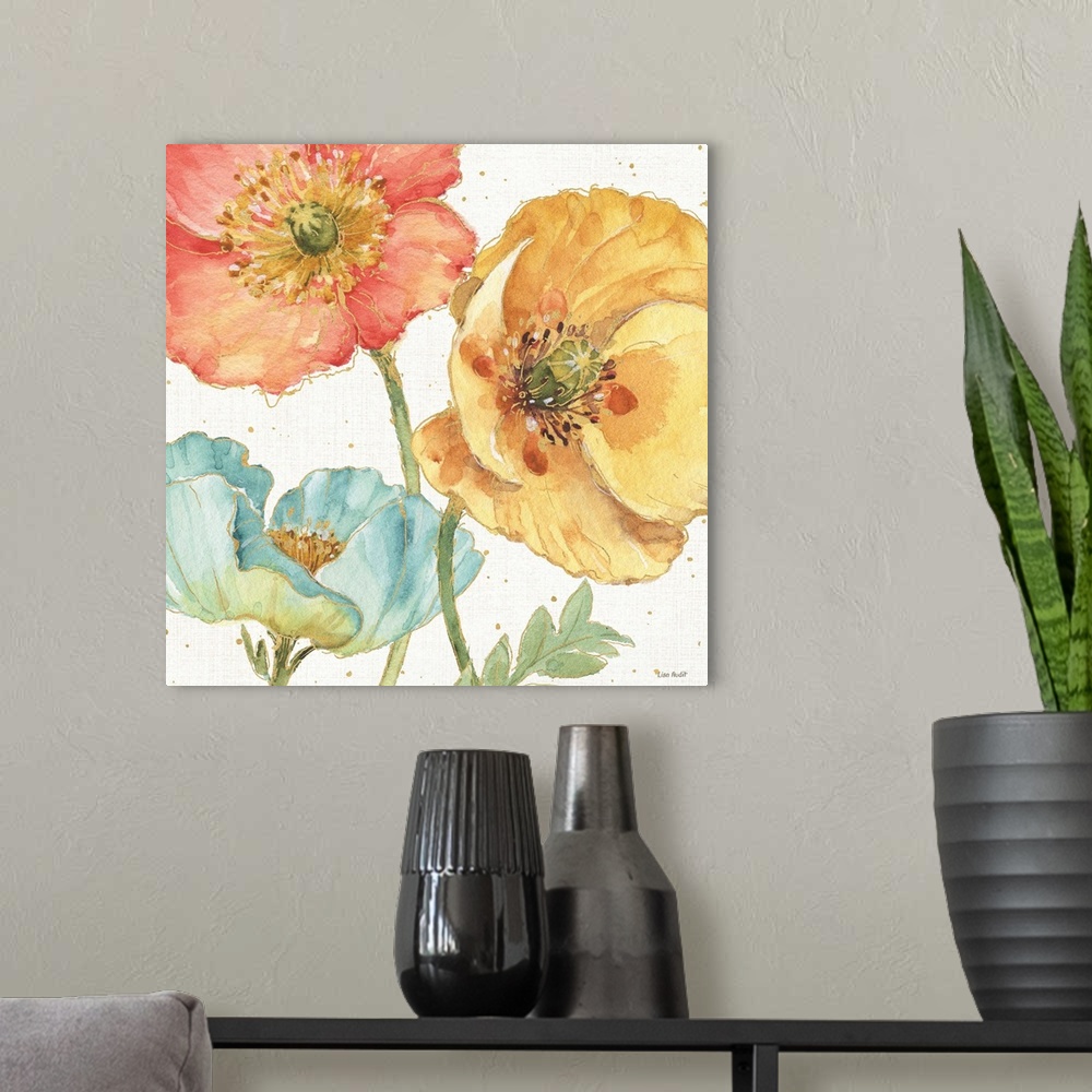 A modern room featuring Contemporary painting of bright blooming flowers in light blue, yellow, and red.