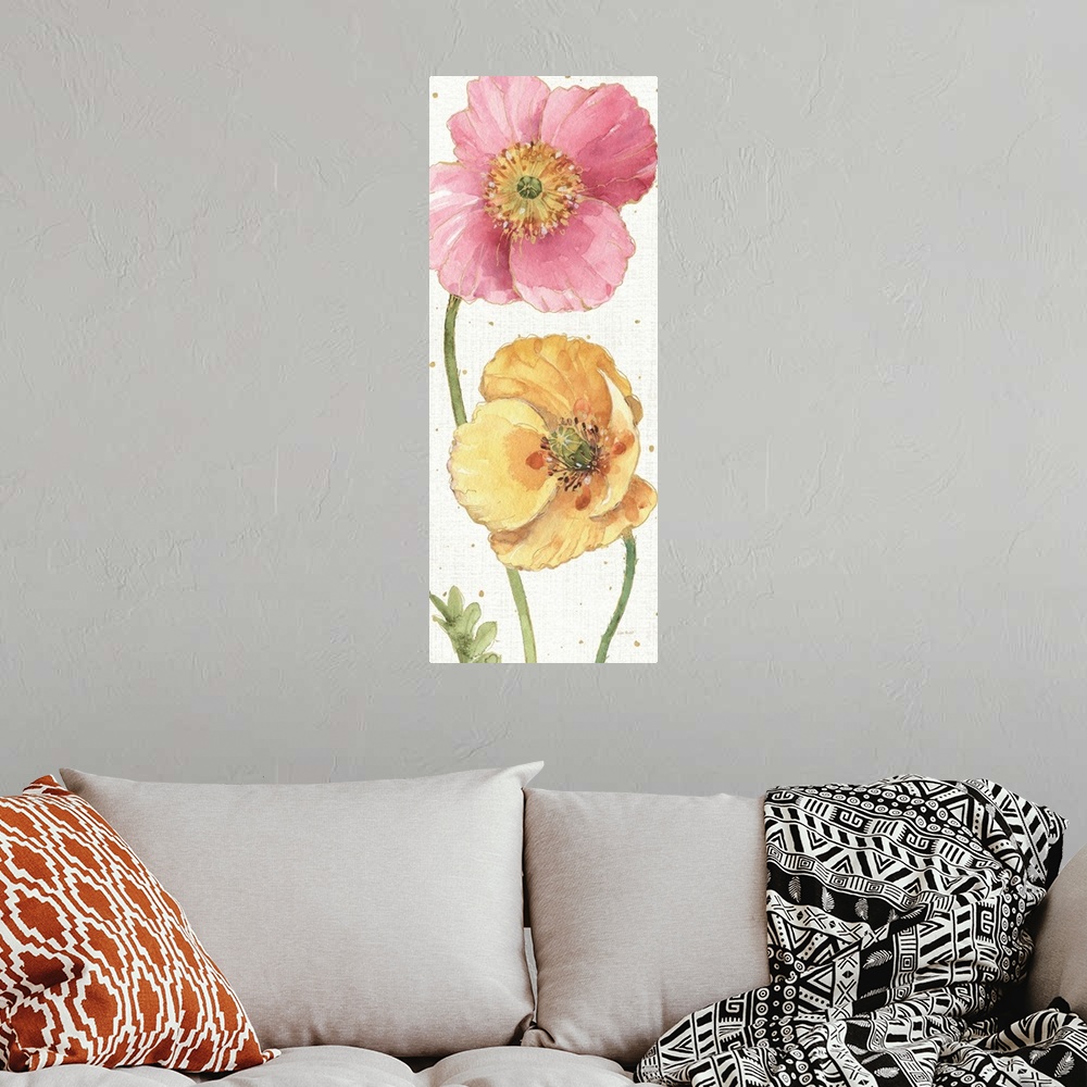 A bohemian room featuring Contemporary painting of bright blooming flowers in pink and yellow.