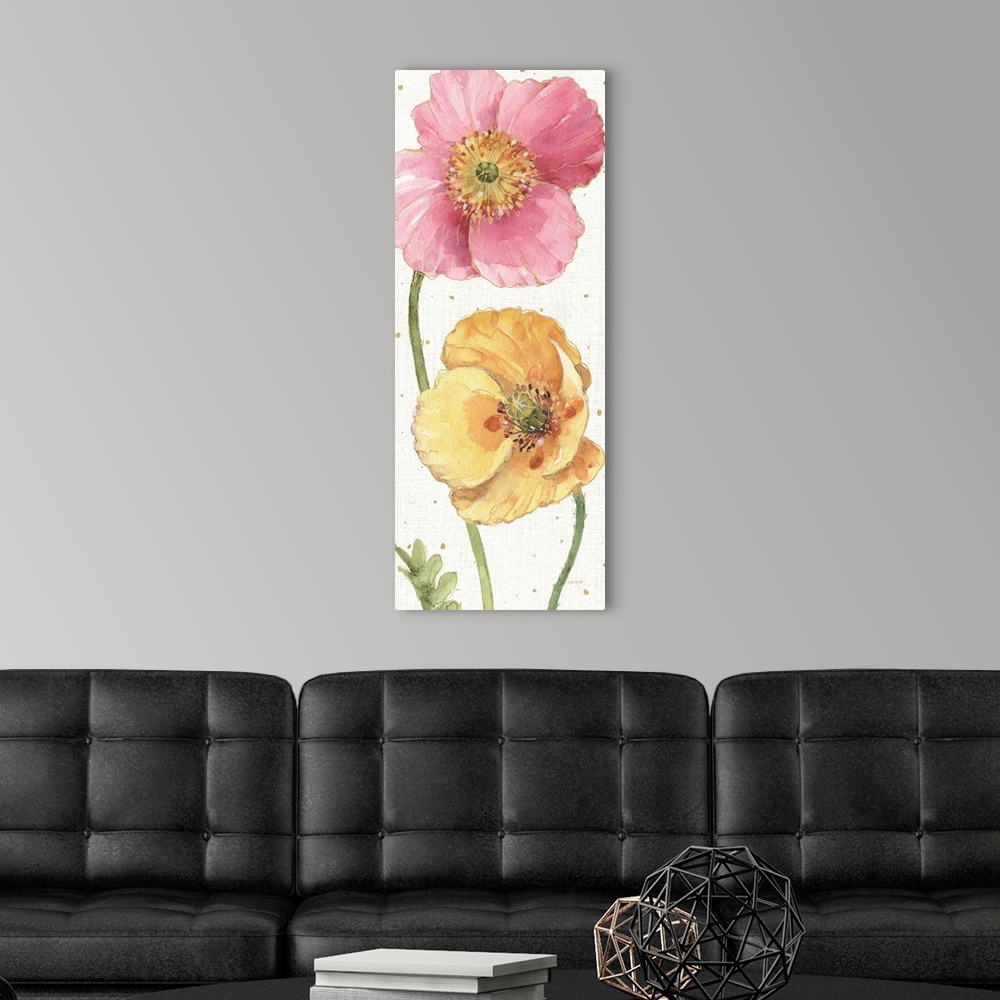 A modern room featuring Contemporary painting of bright blooming flowers in pink and yellow.