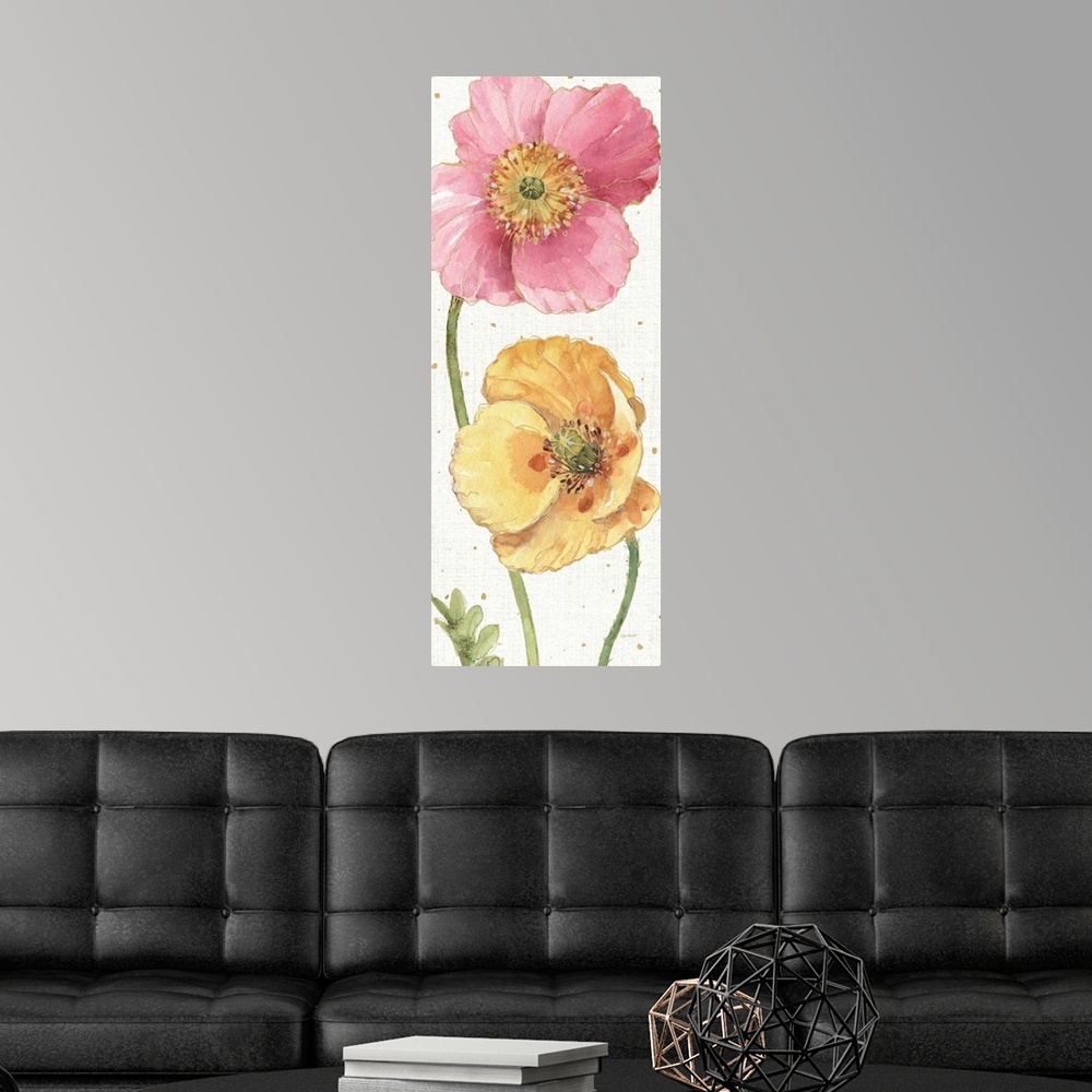 A modern room featuring Contemporary painting of bright blooming flowers in pink and yellow.
