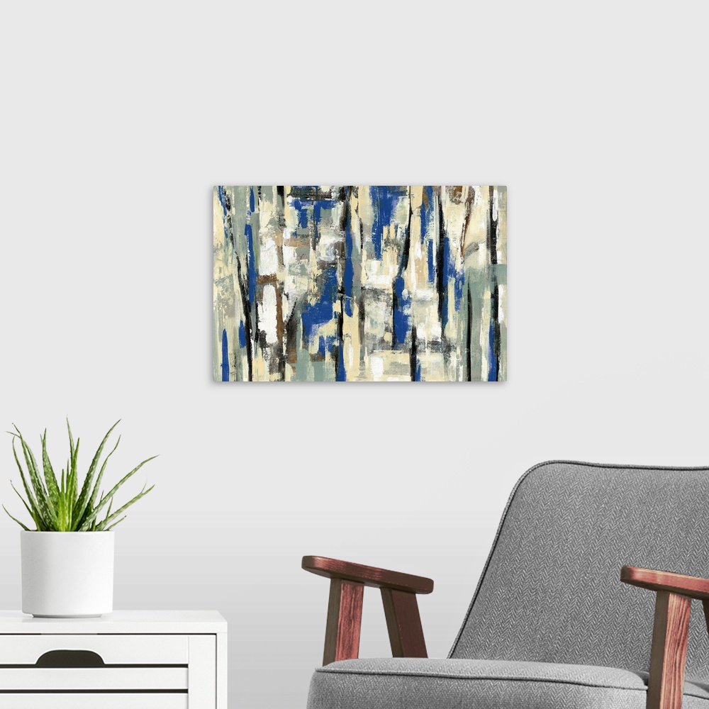 A modern room featuring Large abstract painting with layers of blue, tan, white, gold, and black hues.