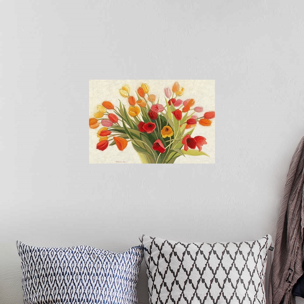 A bohemian room featuring Painting of colorful floral bouquet.