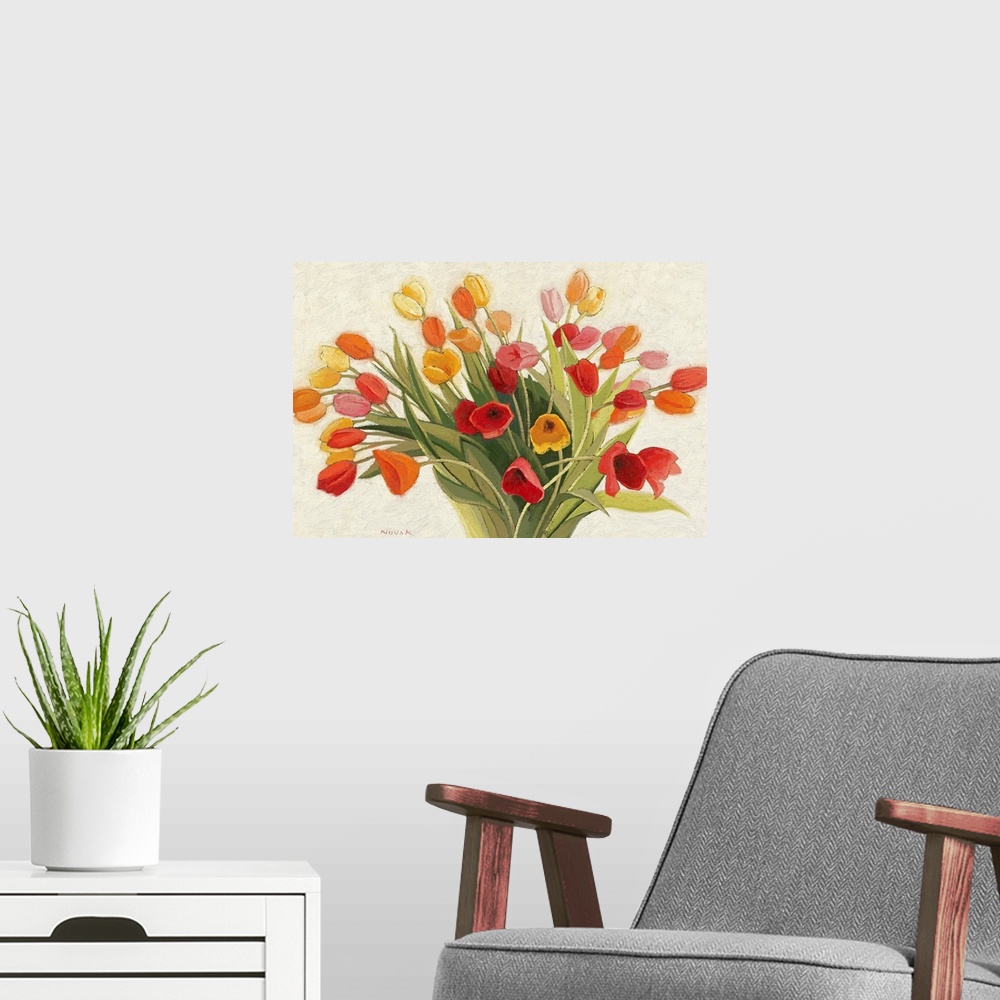 A modern room featuring Painting of colorful floral bouquet.