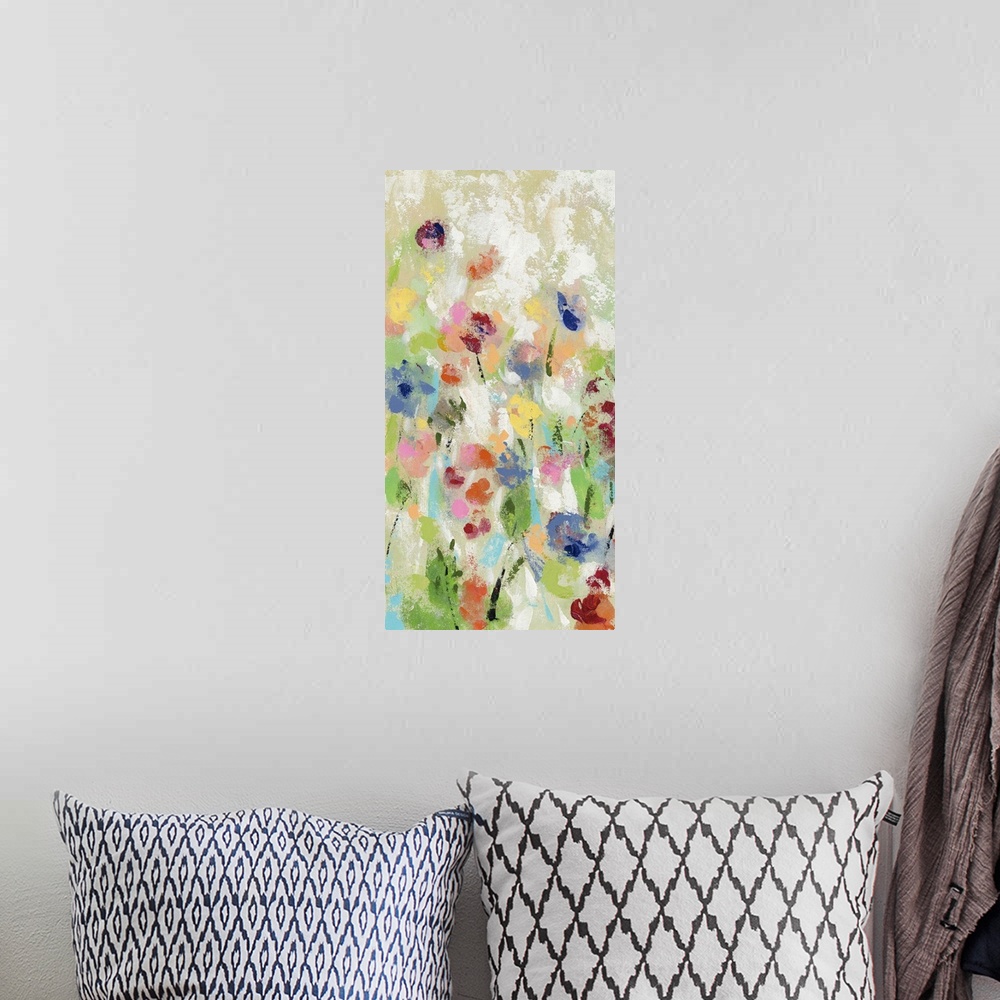 A bohemian room featuring Contemporary abstract floral artwork with an abundance of bright color and flair.