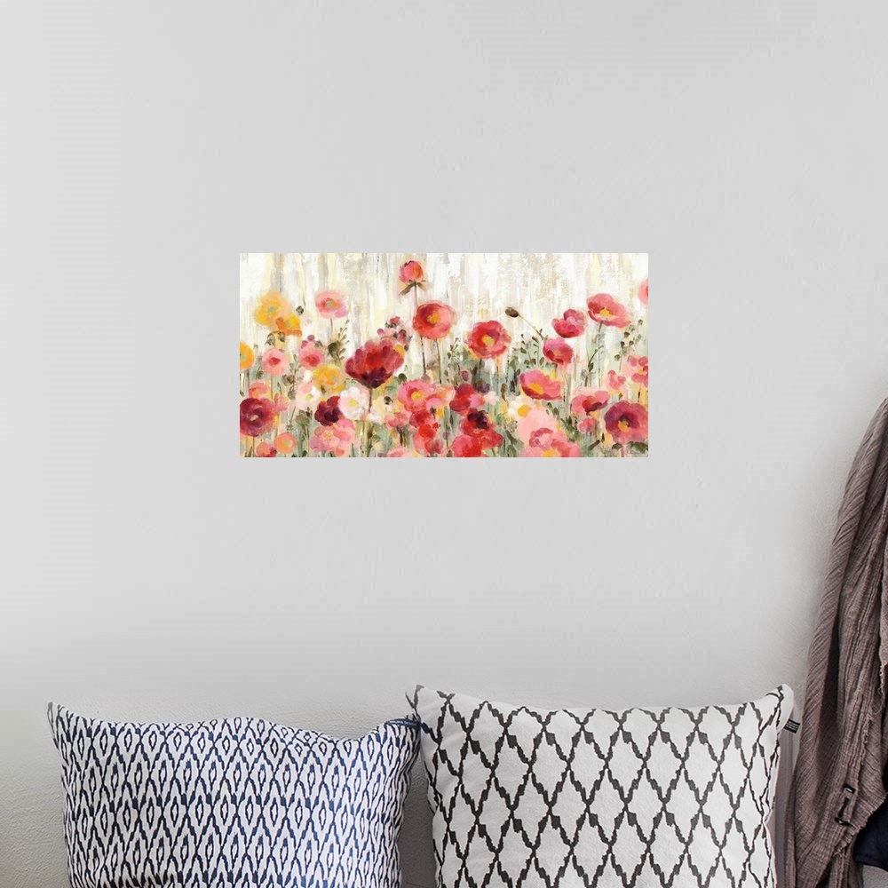 A bohemian room featuring Contemporary painting of warm pink, red, and yellow wildflowers in a field with a streaked backgr...
