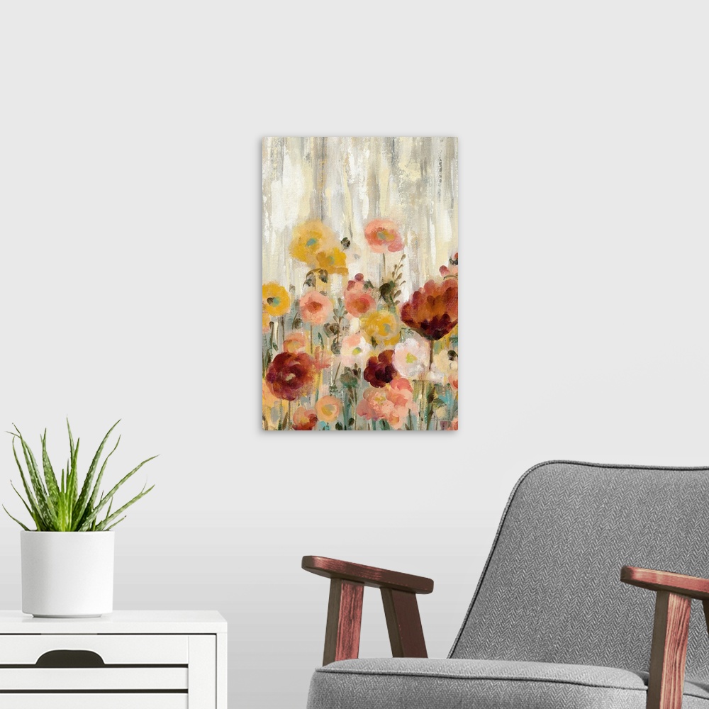 A modern room featuring Painting of multi-colored blooming flowers in a garden with streaks of neutral tones in the backg...