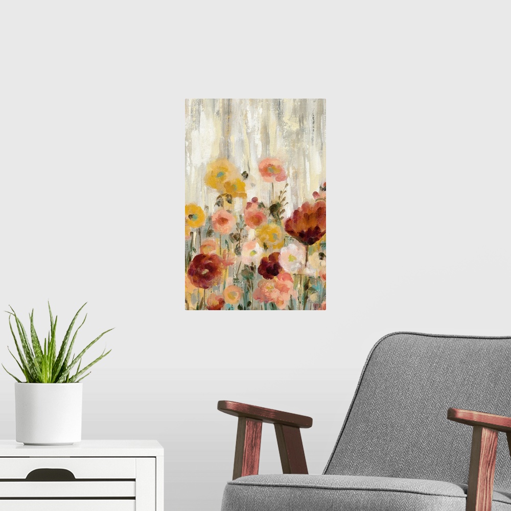 A modern room featuring Painting of multi-colored blooming flowers in a garden with streaks of neutral tones in the backg...