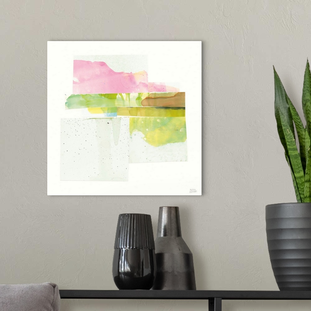 A modern room featuring Contemporary artwork featuring rectangular sections of bright watercolors arranged in a cohesive ...