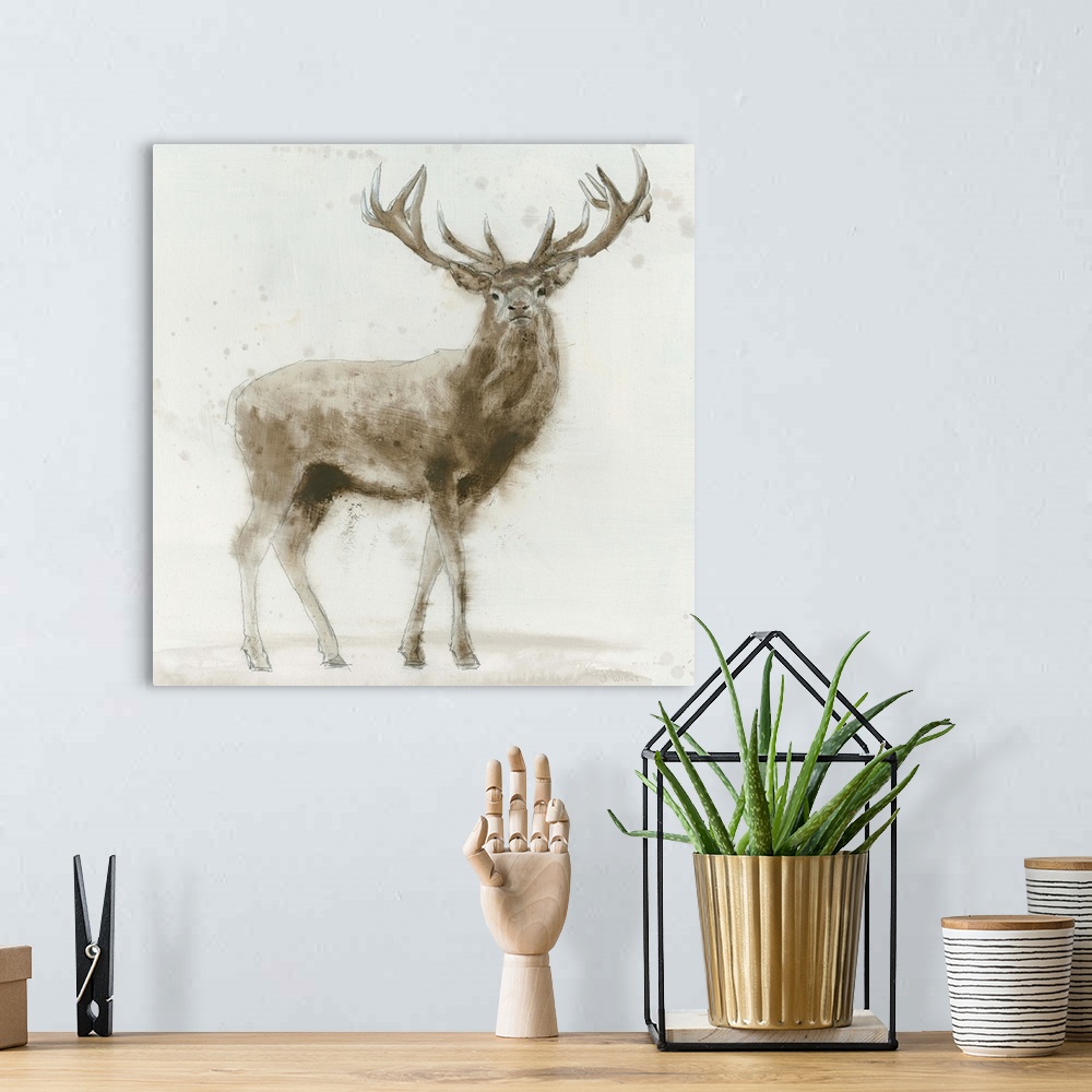 A bohemian room featuring Contemporary painting of a stag against an off white background.
